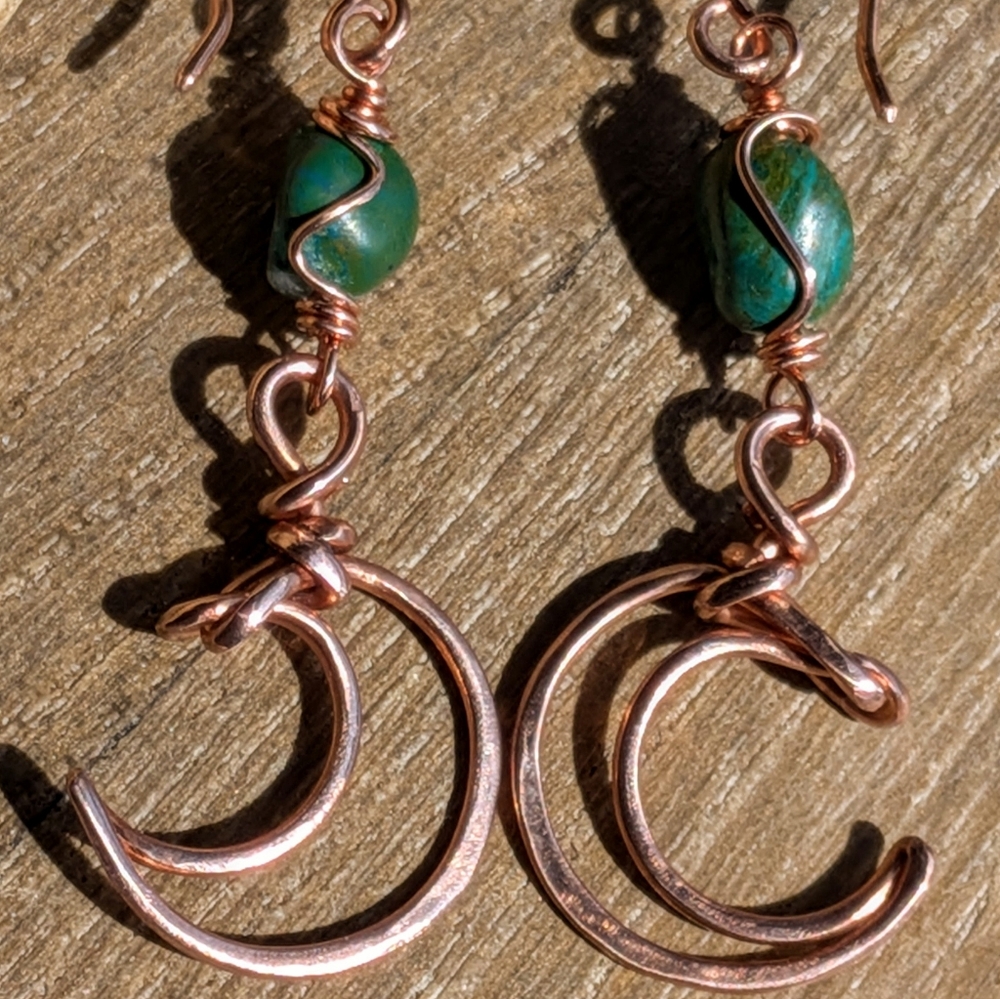 Dreamy Copper Moon Earrings Mediterranean Blue-Green Gemstones - Picture 7 of 12